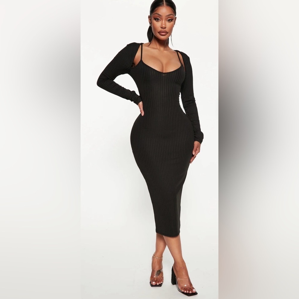 Fashion Nova Black Ribbed Bodycon Midi Dress Cutout Shoulder Long Sleeve NWT L